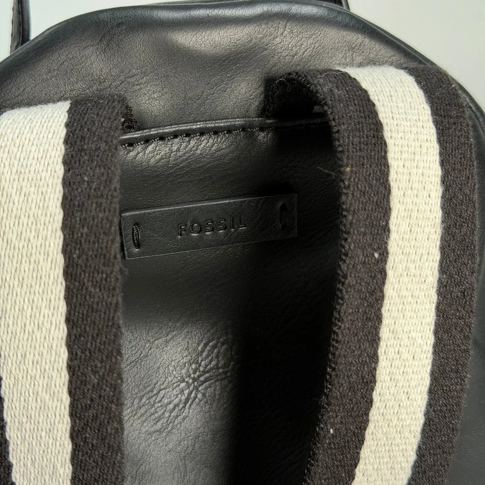 Fossil Megan Mini Backpack Women Small Black White Perforated Leather Stripe Bag